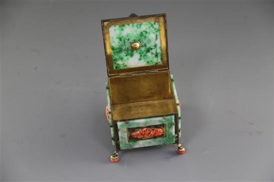 A Chinese jadeite and coral mounted silver-gilt trinket box, 10.1 x 10.1cm. height 9cm